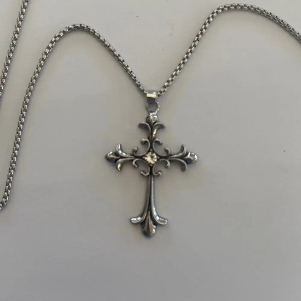 Silver Gothic Cross Pendant Necklace Unisex Stainless Steel Jewelry New